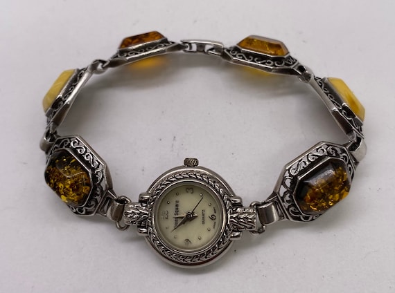 Vintage Sterling Silver Watch with Genuine Amber … - image 1
