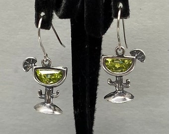 Vintage Art Deco Sterling Silver Martini Glass Dangle Earrings with Peridot Stone