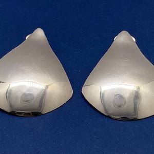 May include: Two silver-toned, teardrop-shaped earrings. The earrings have a matte finish on the top and a polished, reflective bottom. The design is simple and modern, with a smooth, rounded form.