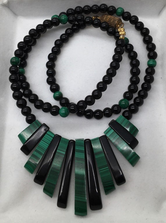 Vintage malachite & black onyx bib necklace natura