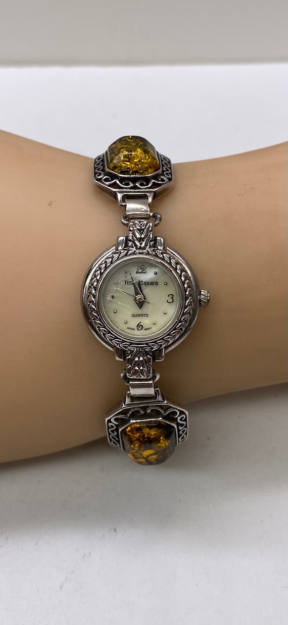 Vintage Sterling Silver Watch with Genuine Amber … - image 3