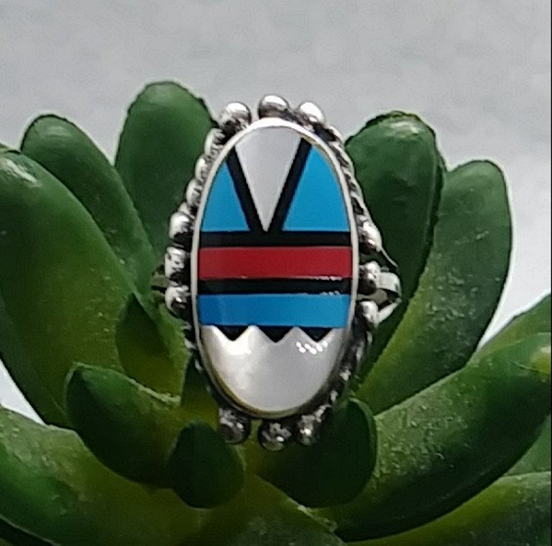 Vintage Native American Zuni Inlay Turquoise Sterling Silver Ring ...
