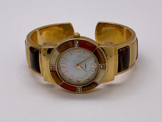 Gold Plated MOP Multi Gemstone Cuff Bracelet Wome… - image 1