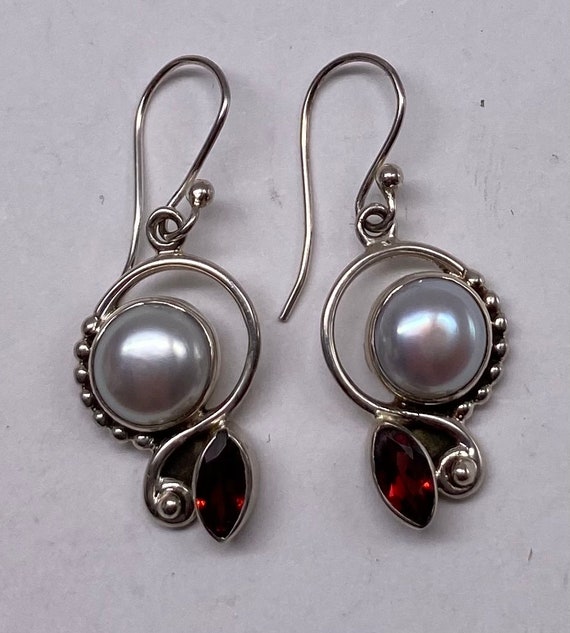 Vintage Sterling Silver Pearl & Garnet Dangle Ear… - image 1