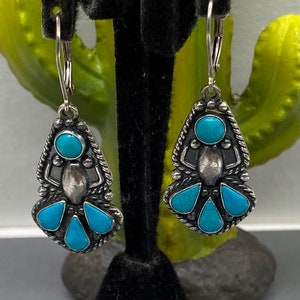 Vintage Art Deco Native Southwest Sterling Silver & Turquoise Drop Dangle Earrings