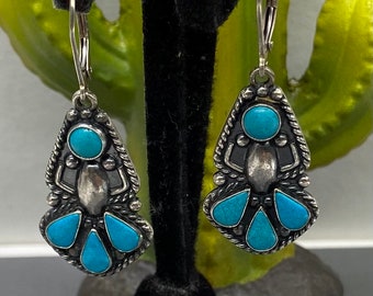 Vintage Art Deco Native Southwest Sterling Silver & Turquoise Drop Dangle Earrings