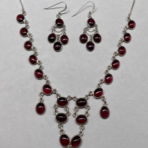 Vintage Art Deco Sterling Silver Garnet Necklace and Earring Set