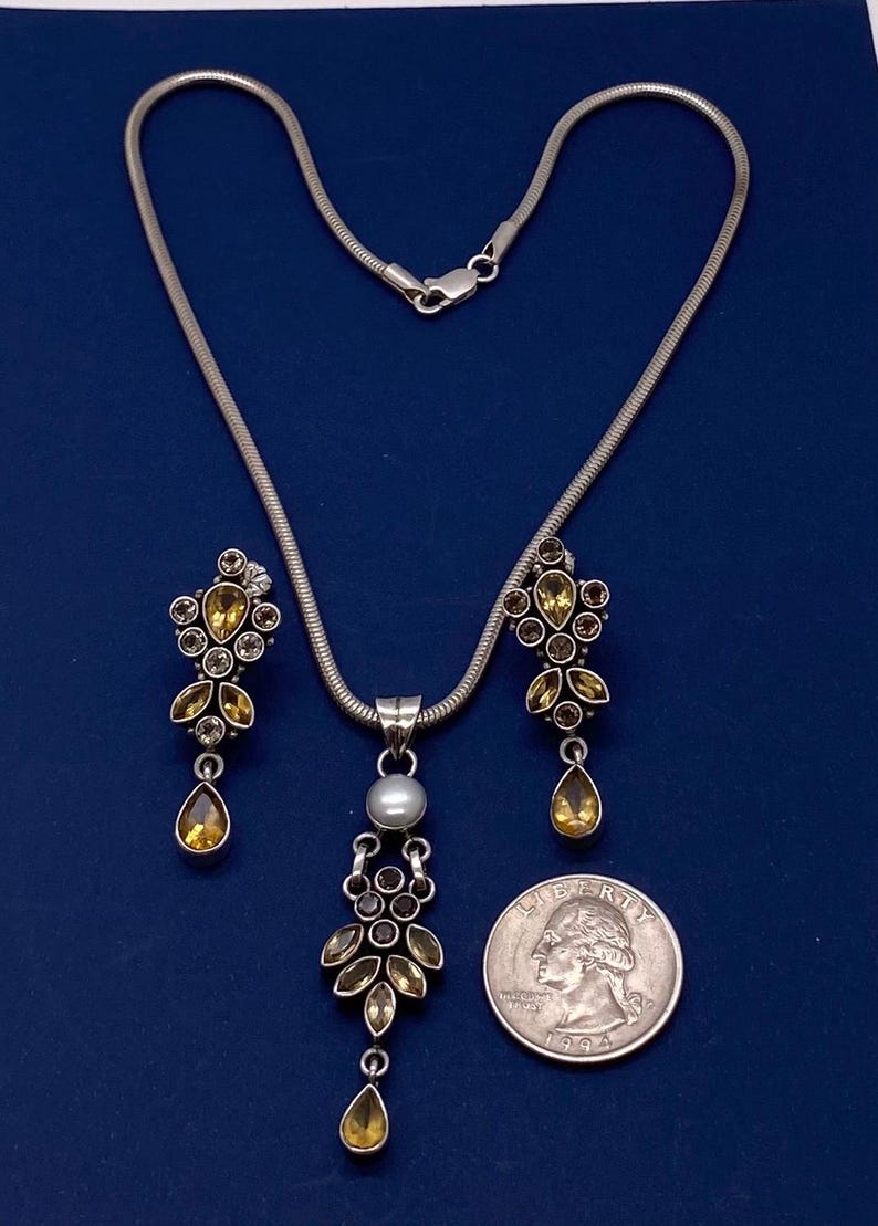 Vintage Sterling Silver & Pearl Smoky Quartz, Citrine Necklace with Matching Earring Set image 2