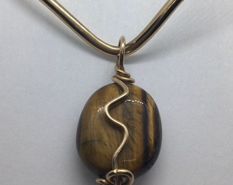 Vintage Tigers Eye 14K Collar Relleno de Oro Colgante Collar Joyería