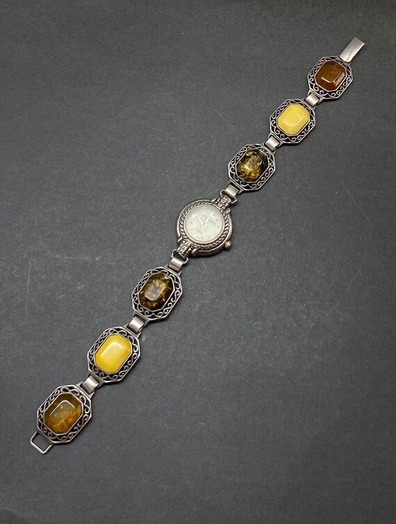 Vintage Sterling Silver Watch with Genuine Amber … - image 2