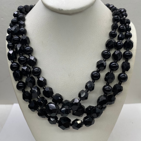 Vintage Black Jet Necklace, Faceted Glass Bead French Triple Strand Necklace