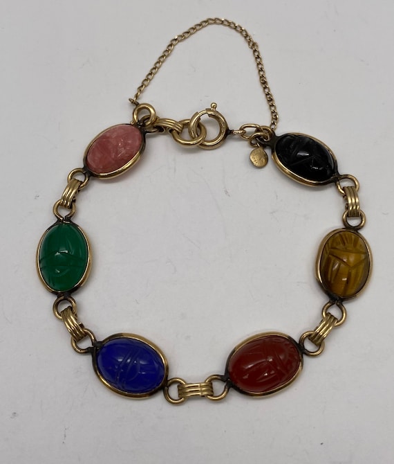 Vintage 12k Gold Filled Scarab Bracelet Multi Gems