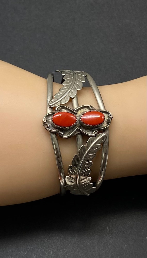 Old Pawn Navajo Coral Sterling Silver Cuff Bracel… - image 2