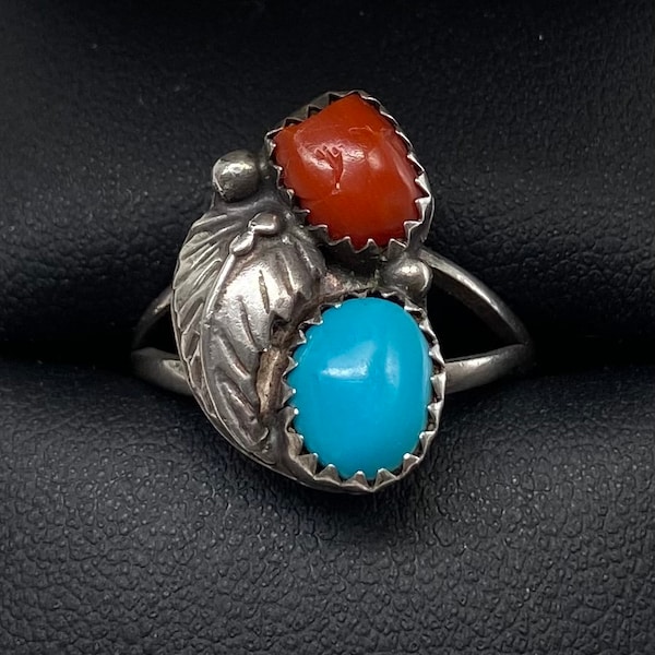 Vintage Navajo Sterling Silver Turquoise Coral Ring Size 7.5