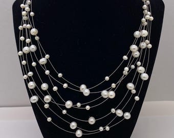 Vintage 925 Sterling Silver & Genuine Pearl Multi Strand Floating Pearl Necklace