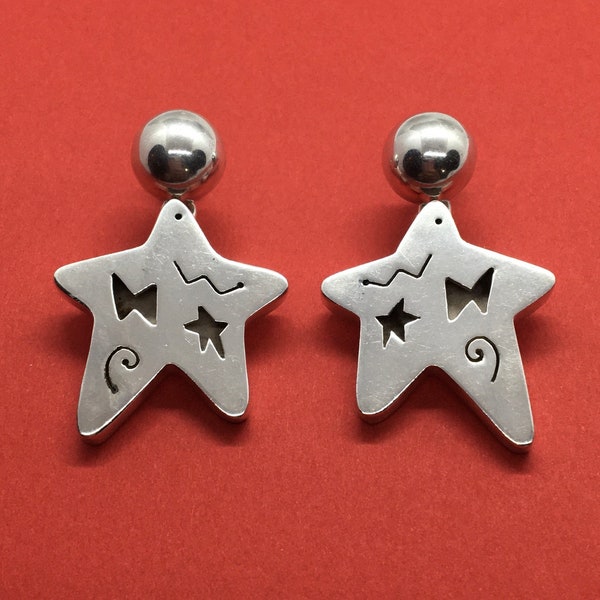 Vintage Far Fetched Sterling Large Star Jewelry Art Deco Earrings