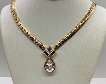 Vintage Swan Signed Swarovski Crystal Teardrop Gold Plated Necklace