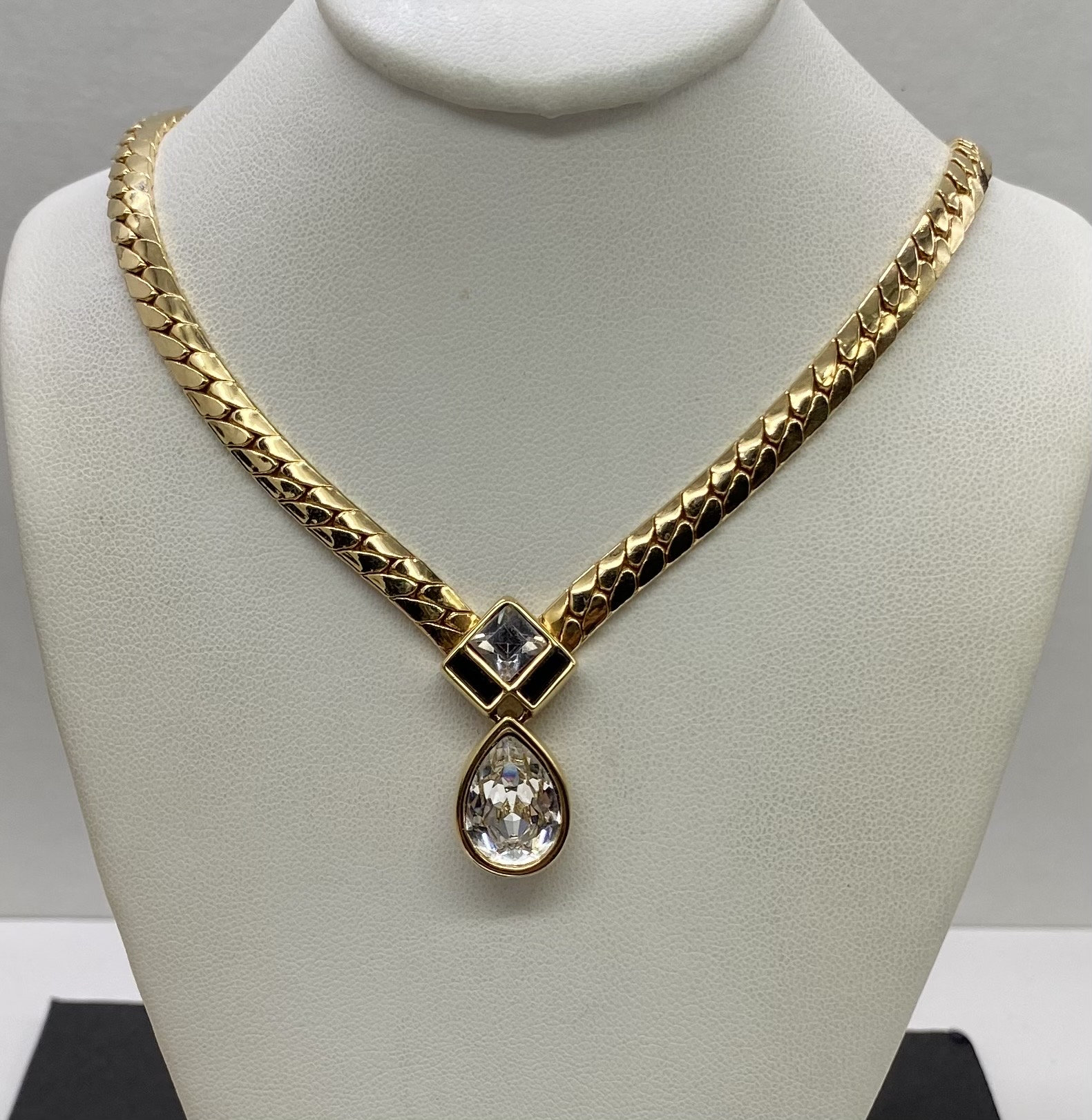 Vintage Swan Signed Swarovski Crystal Teardrop Gold Plated 