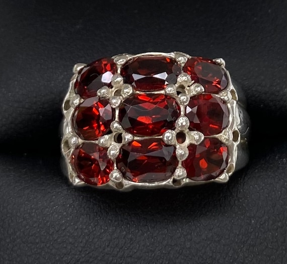 Vintage Art Deco Sterling Silver Garnet Cluster Ring Size