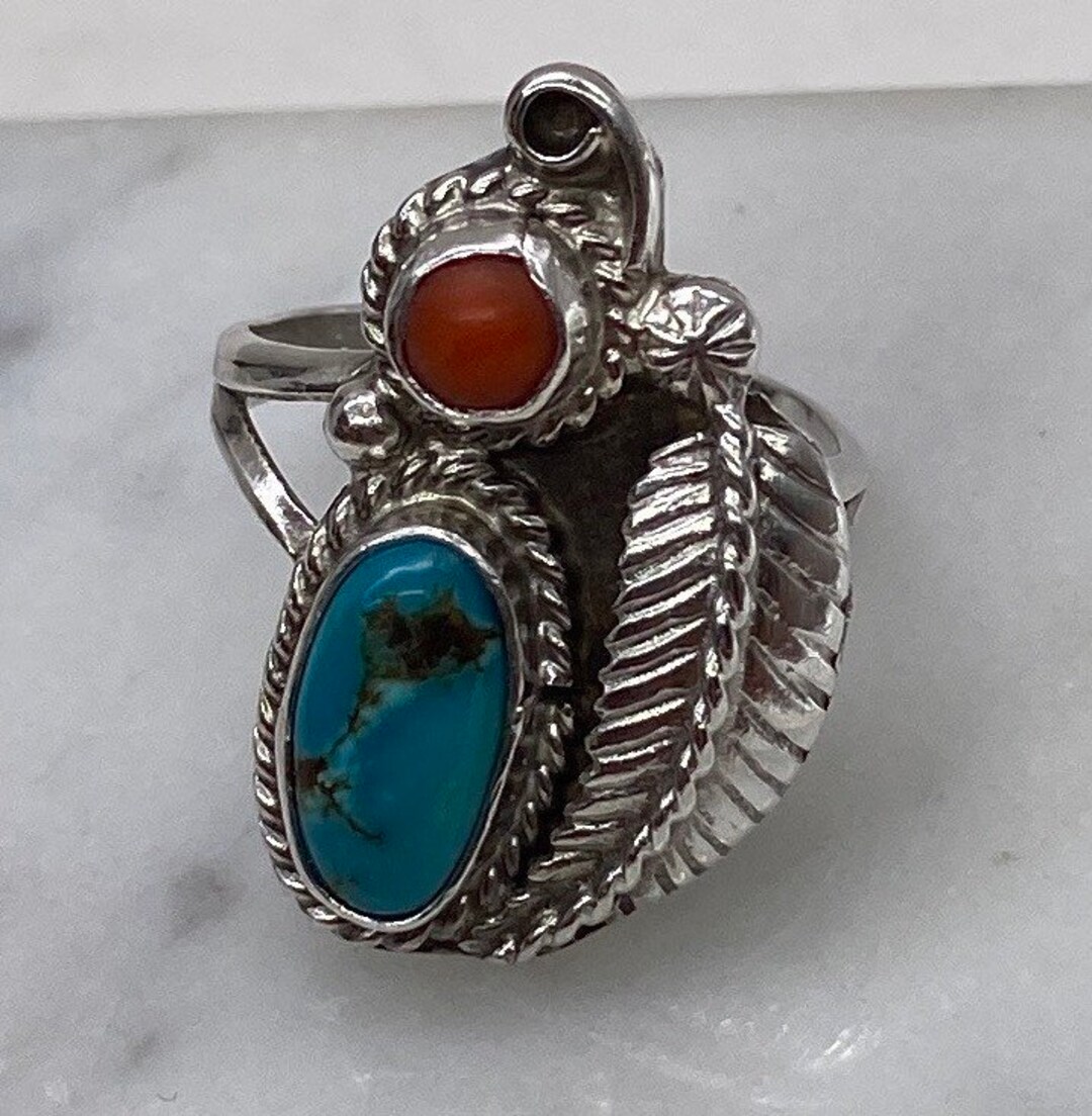 Vintage Sterling Silver Navajo Turquoise & Coral Ring Size 7.25 - Etsy