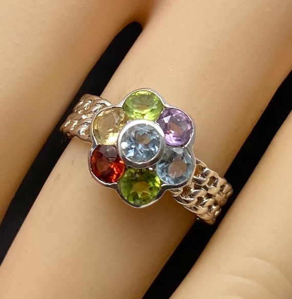 Vintage Sterling Silver Multi Gemstone Flower Rin… - image 2