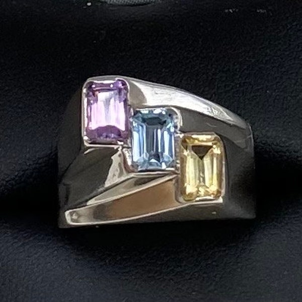 Vintage Art Deco Sterling Silver Multi Gemstone Ring Size 8