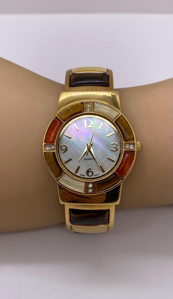 Gold Plated MOP Multi Gemstone Cuff Bracelet Wome… - image 2