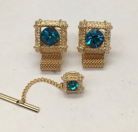 Boutons De Manchette Vintage, Or Et Bleu, Occasion - Modèle 111416, Bon état Général