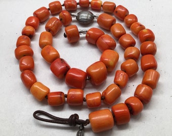 Vintage Peyote Vogel Orange Koralle Chunks Halskette Sterling Silber