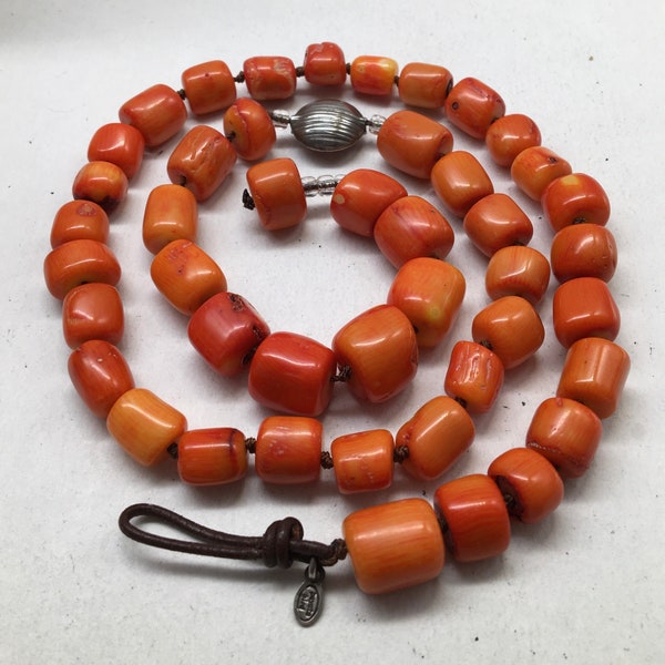 Vintage Peyote Bird Orange Coral Chunks Necklace Sterling Silver