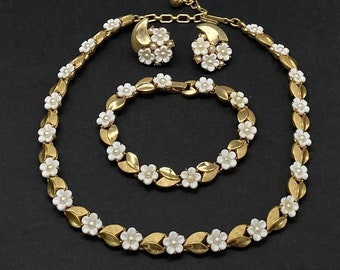 Crown Trifari ‘Forget Me Not’ Flower Necklace with Matching Bracelet Earring Set