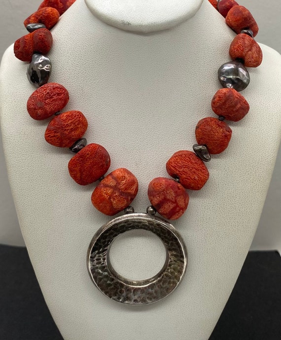 Vintage Silpada Oxidized Sterling & Red Coral Chun