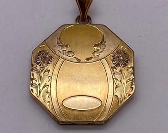 Antique Victorian 12k Gold Filled Photo Locket Pendant Octagon Etched Floral