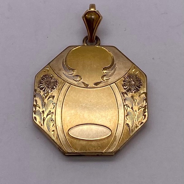 Antique Victorian 12k Gold Filled Photo Locket Pendant Octagon Etched Floral