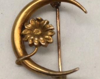 14K Gold Antique Crescent Moon & Flower Brooch