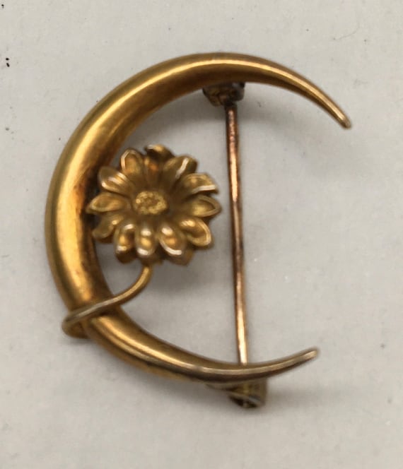 14K Gold Antique Crescent Moon & Flower Brooch