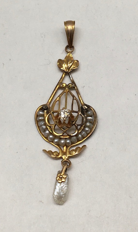 Antique 10k Gold Seed Pearl Diamond Pendant