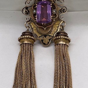 Antique Victorian 14k Gold Mourning Jewelry Large Amethyst Pendant Brooch 29.4 Grams