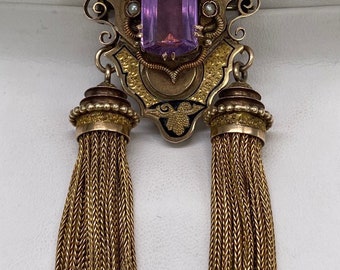 Antique Victorian 14k Gold Mourning Jewelry Large Amethyst Pendant Brooch 29.4 Grams