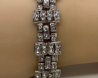 Antik Rhodiumpläterad Klar Strass Art Deco Armband