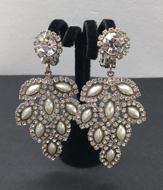 Vintage Large Bridal Earrings with Rhinestone & Fa