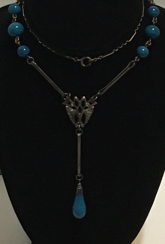 Antique Jewelry Art Deco Czech blue lariat neckla… - image 3