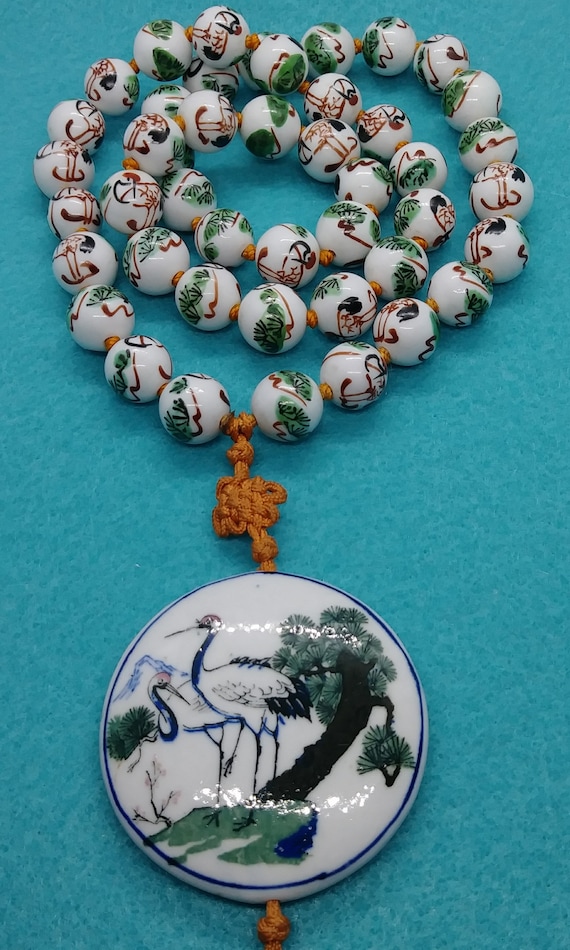 Antique Chinese Hand Painted Porcelain Bead Tossle Necklace Birds Flowers Knotted Jewelry Etsy