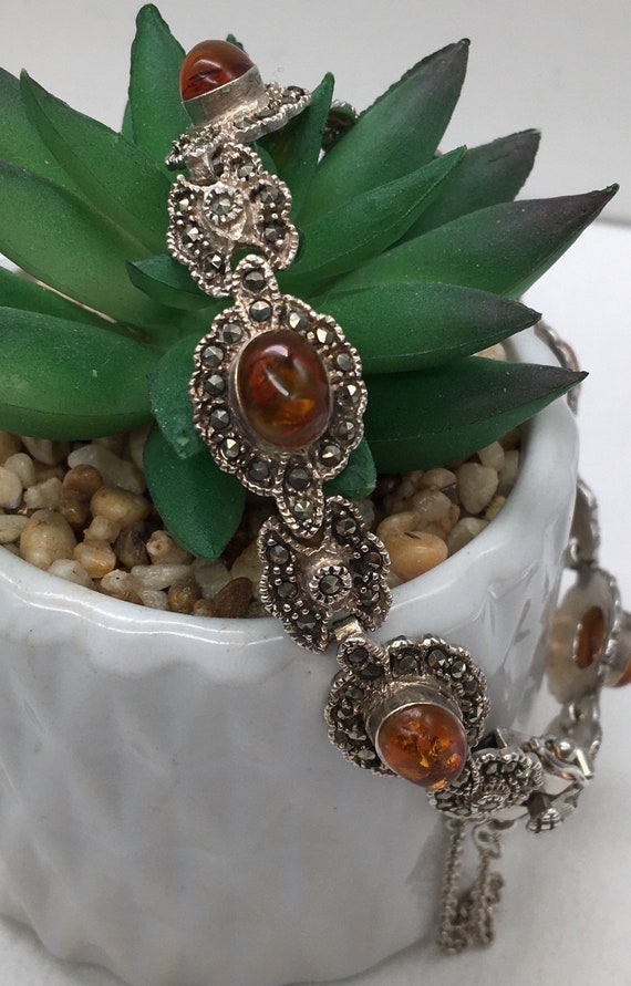 Vintage Sterling Silver Marcasite & Amber Cabocho… - image 2