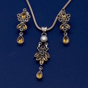 Vintage Sterling Silver & Pearl Smoky Quartz, Citrine Necklace with Matching Earring Set image 1