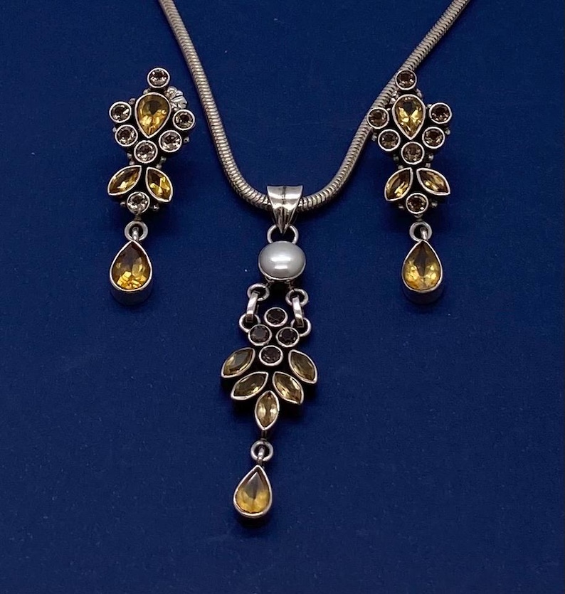 Vintage Sterling Silver & Pearl Smoky Quartz, Citrine Necklace with Matching Earring Set image 1