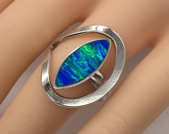 Vintage Blue Fire Opal Sterling Silver Modernist Ring