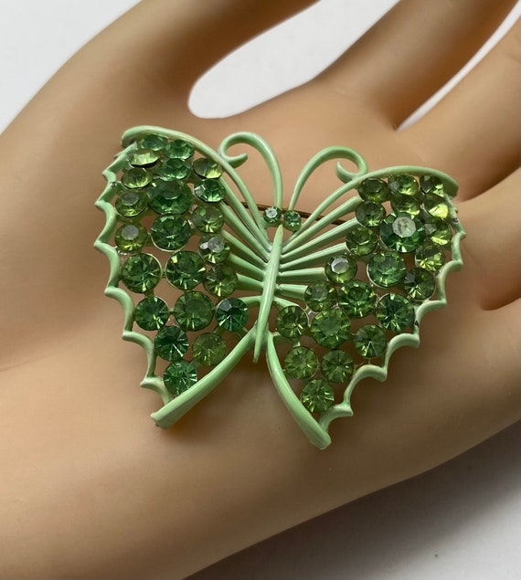 Vintage Green Butterfly Brooch with Rhinestone Cr… - image 3
