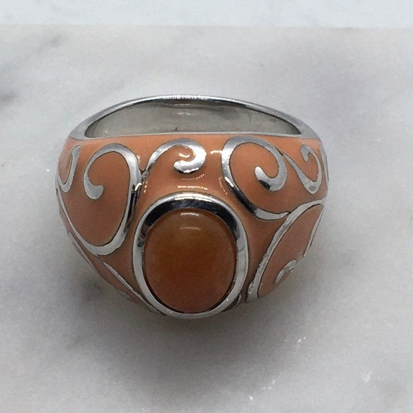 Vintage 925 sterling silver enamel carnelian stone ring size 7