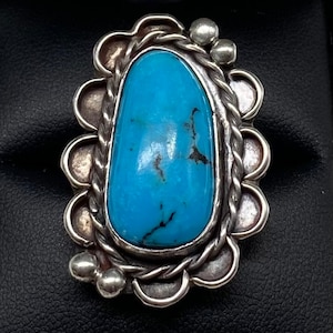 Anillo vintage de plata de ley con turquesa azul y diseño nativo navajo, talla 8
